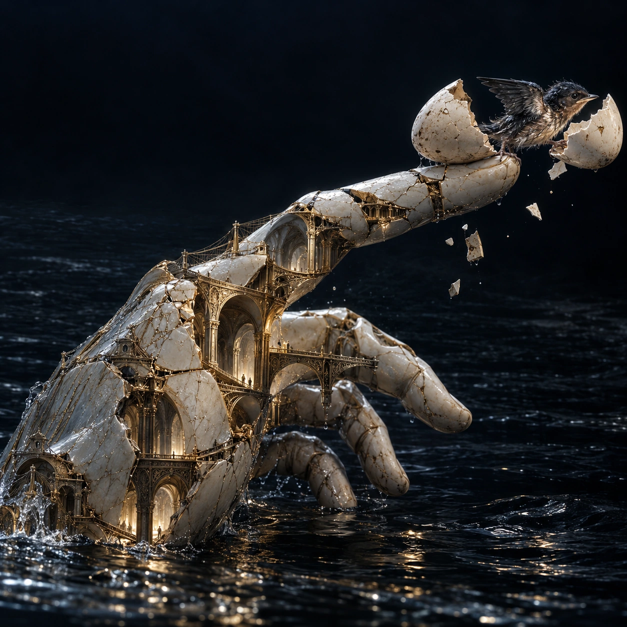A porcelain-and-gold architectural hand rises from dark water, supporting a bird emerging from its shell. Fractures and falling fragments place monumental strength beside fragile new life.
