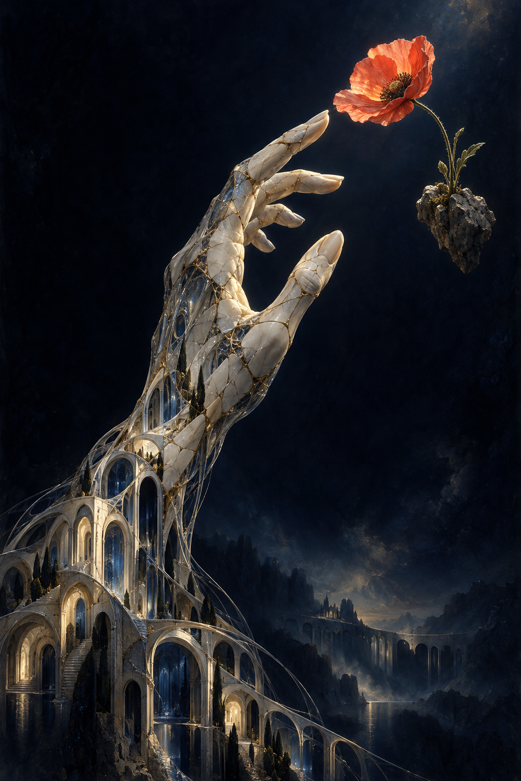Architectural hand reaching toward a suspended poppy