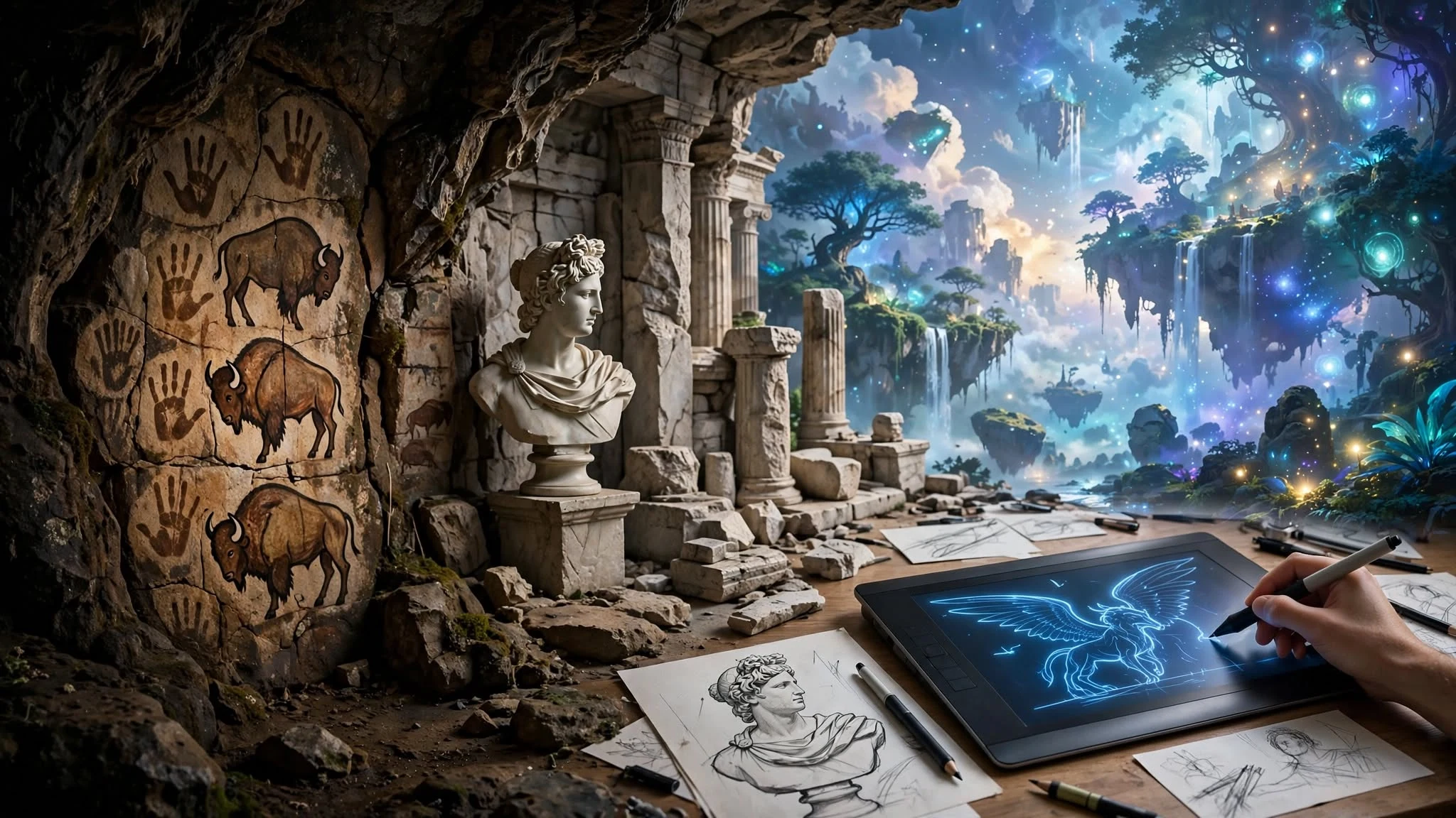 A cave wall of painted bison and handprints gives way to a classical marble bust and ruined columns, opening onto a luminous fantasy world of floating islands and waterfalls, while a hand at a drawing tablet sketches a winged creature in glowing blue light