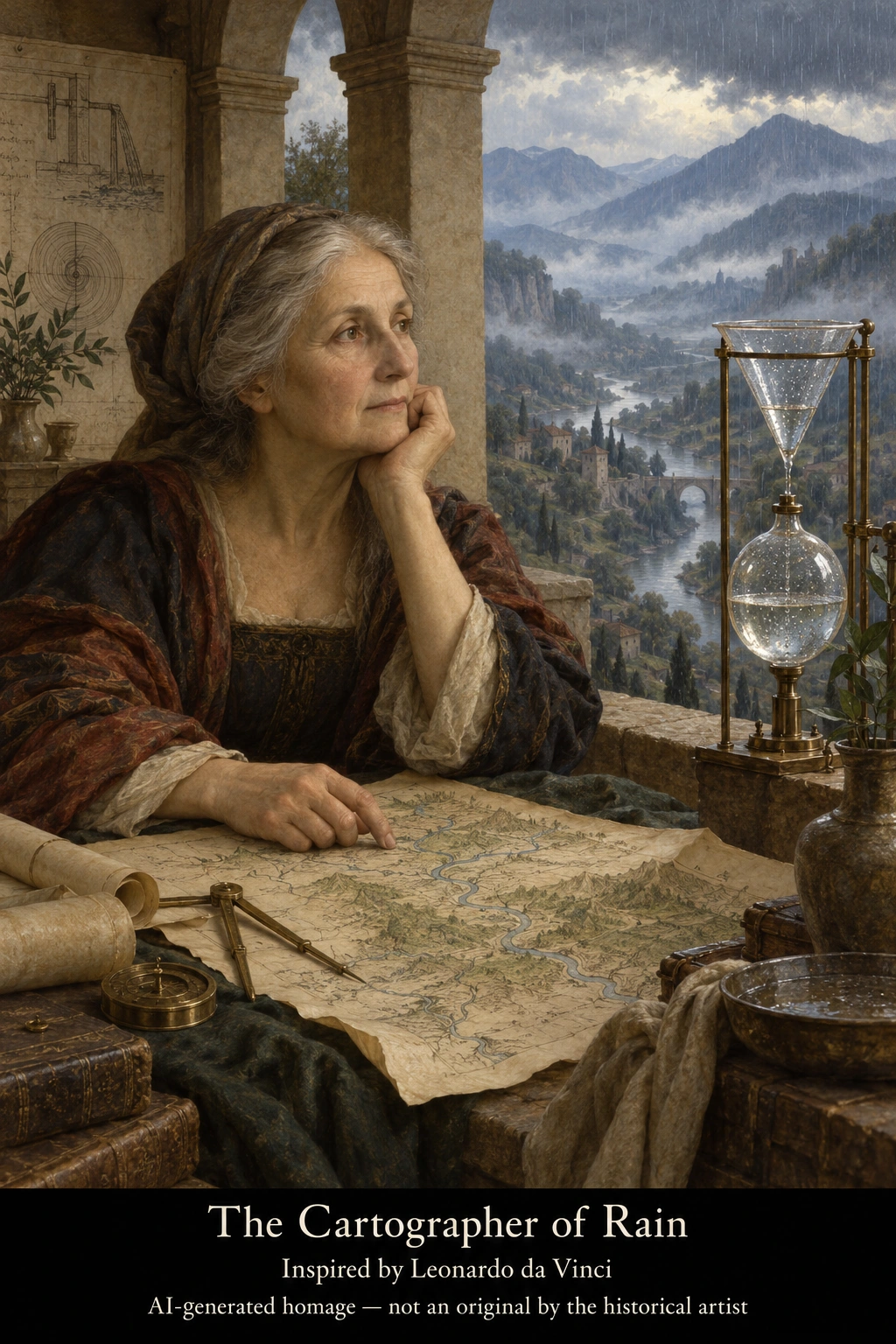 The Cartographer of Rain — AI-generated homage inspired by Leonardo da Vinci