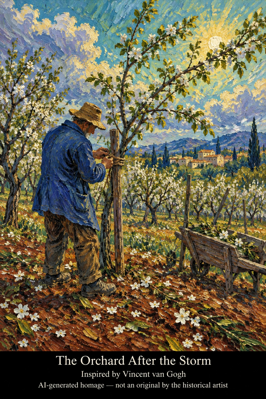 The Orchard After the Storm — AI-generated homage inspired by Vincent van Gogh