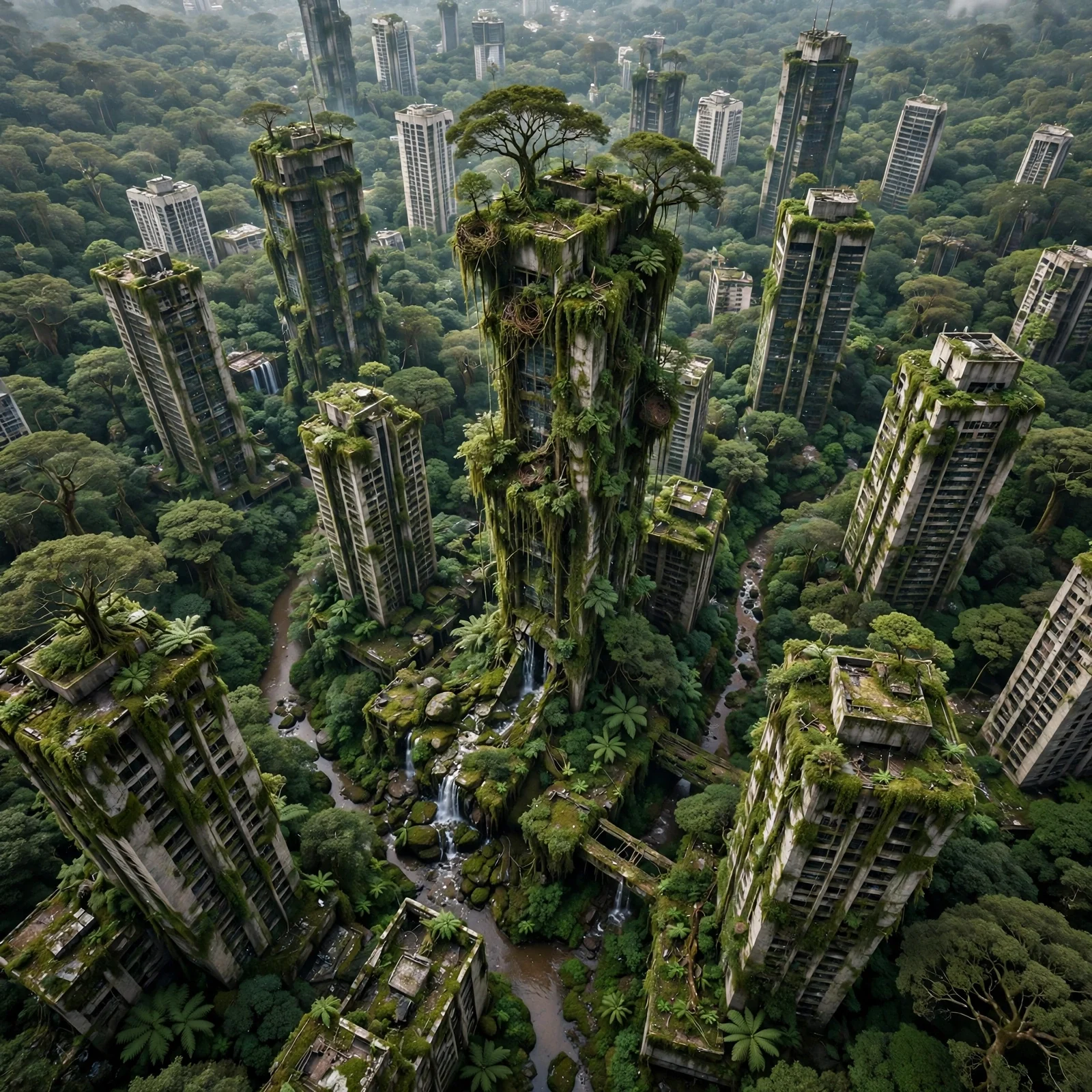 Aerial view of abandoned concrete towers overgrown by rainforest