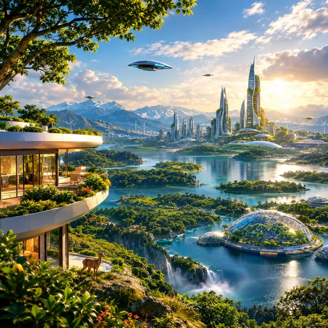 Hillside home overlooking a futuristic city, lakes, glass domes and flying craft