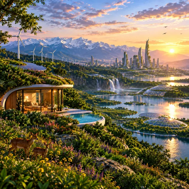 Hillside home with deer and wildflowers overlooking a city, waterfalls and domes at sunset