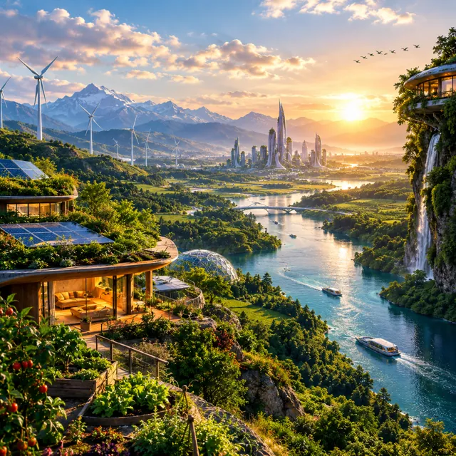 Terraced garden homes above a river valley with boats, turbines and a distant city