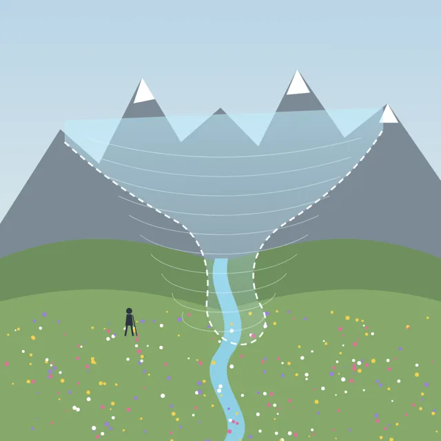 Flat illustration of a flowering valley with a dotted outline where a glacier used to be
