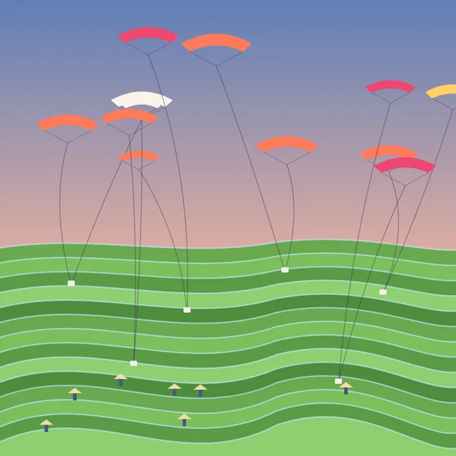 Flat illustration of colorful energy kites tethered above green rice terraces