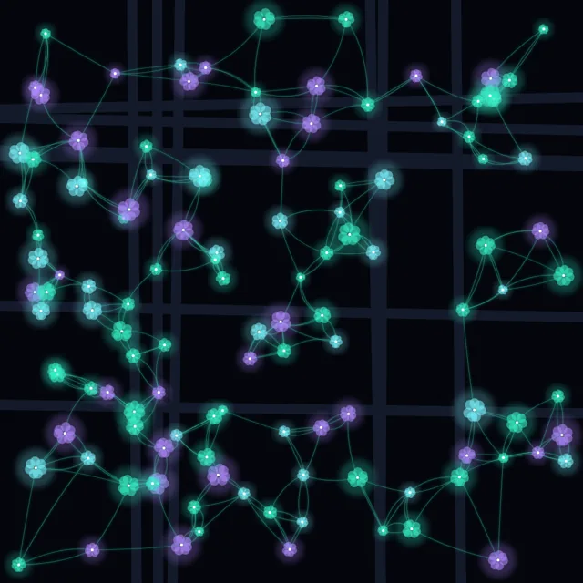 Abstract night map of glowing tree clusters connected by lines over dark streets