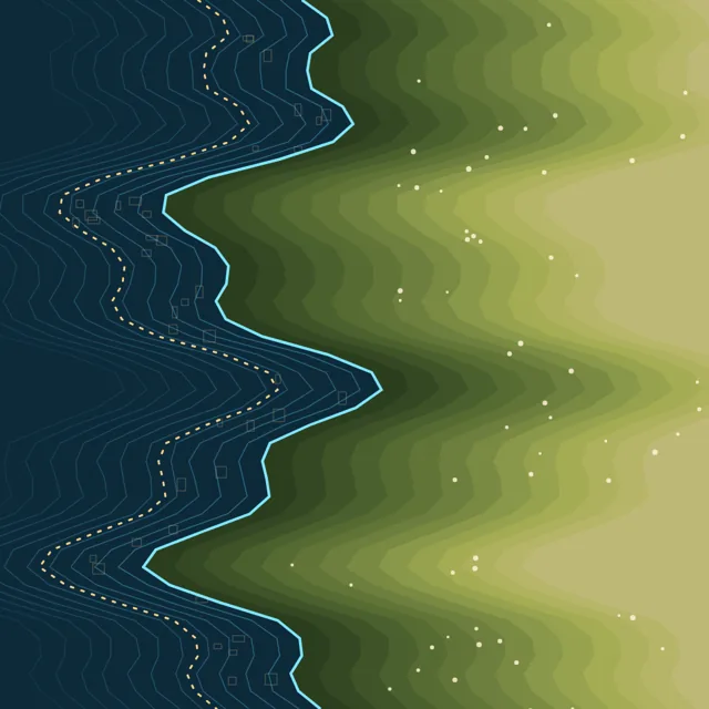 Abstract contour map of a coastline with a dotted line marking the former shore