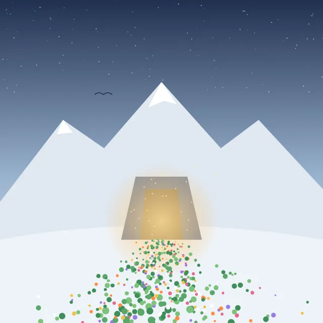 Flat illustration of a glowing vault entrance in a snowy mountain with flowers spilling out