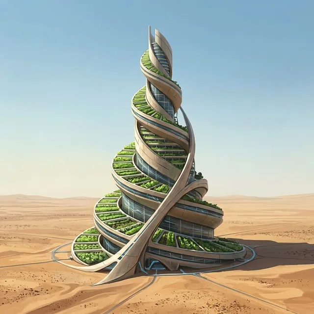 A spiral tower of terraced farms rising from desert sand