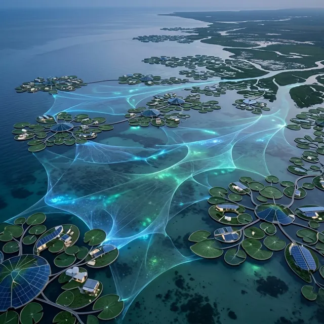 Aerial view of floating lily-pad settlements linked by a glowing web across shallow sea