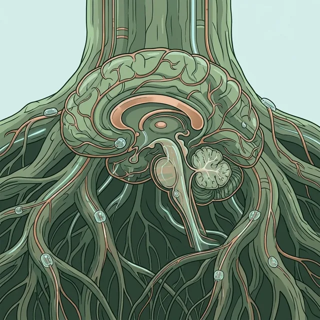 Illustration of a brain woven into the roots of a great tree