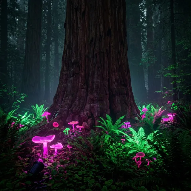Glowing pink and green mushrooms and ferns at the base of a giant redwood at night