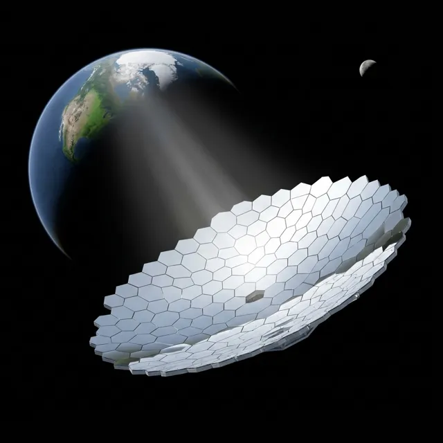A segmented mirror in space reflecting a beam of light toward Earth