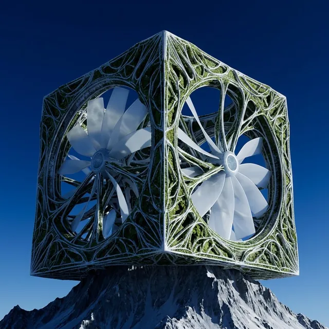 A moss-covered lattice cube holding wind turbines, floating above a snowy peak