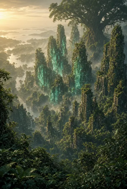 Jungle-covered towers glowing green from within, above a misty river at sunrise