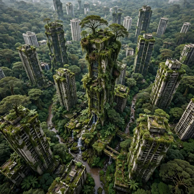 Aerial view of abandoned concrete towers overgrown by rainforest, with waterfalls running between them