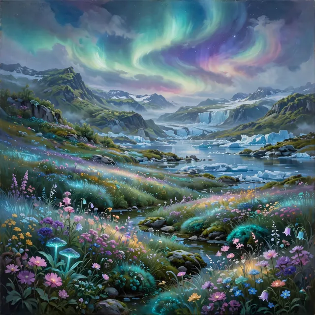 Painted Arctic valley full of glowing wildflowers beneath a swirling aurora, with a glacier in the distance