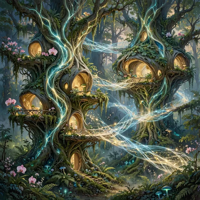 Painted forest of giant trees with glowing round windows and balconies, linked by strands of light