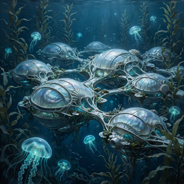 Pearl-shell underwater habitats linked by white bridges among kelp and glowing jellyfish