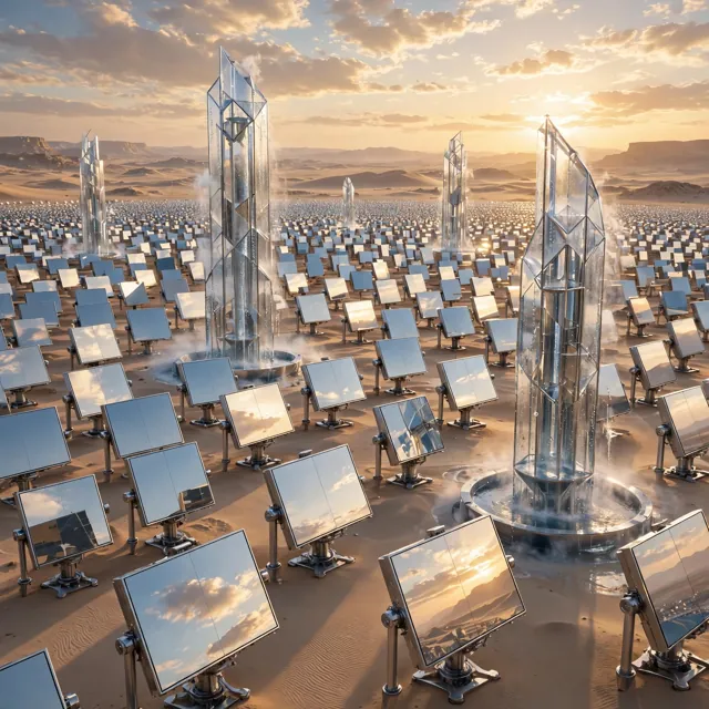 Fields of solar mirrors in a desert around crystal towers releasing mist and water
