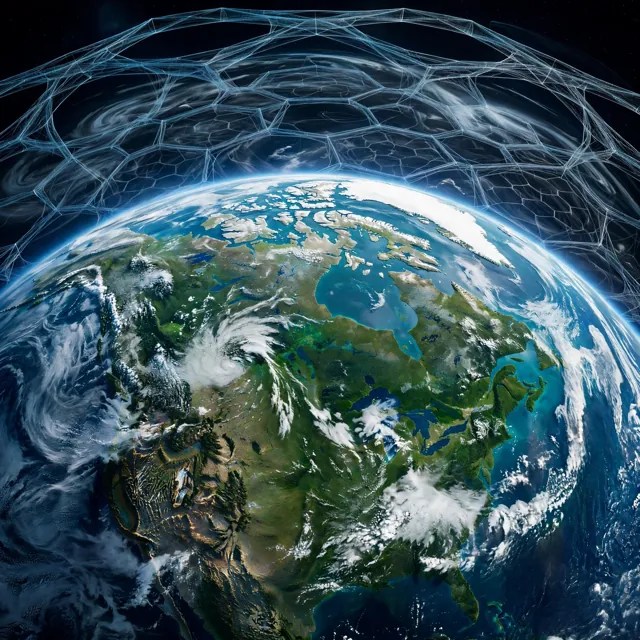 Earth seen from orbit beneath a fine lattice structure wrapped around the planet
