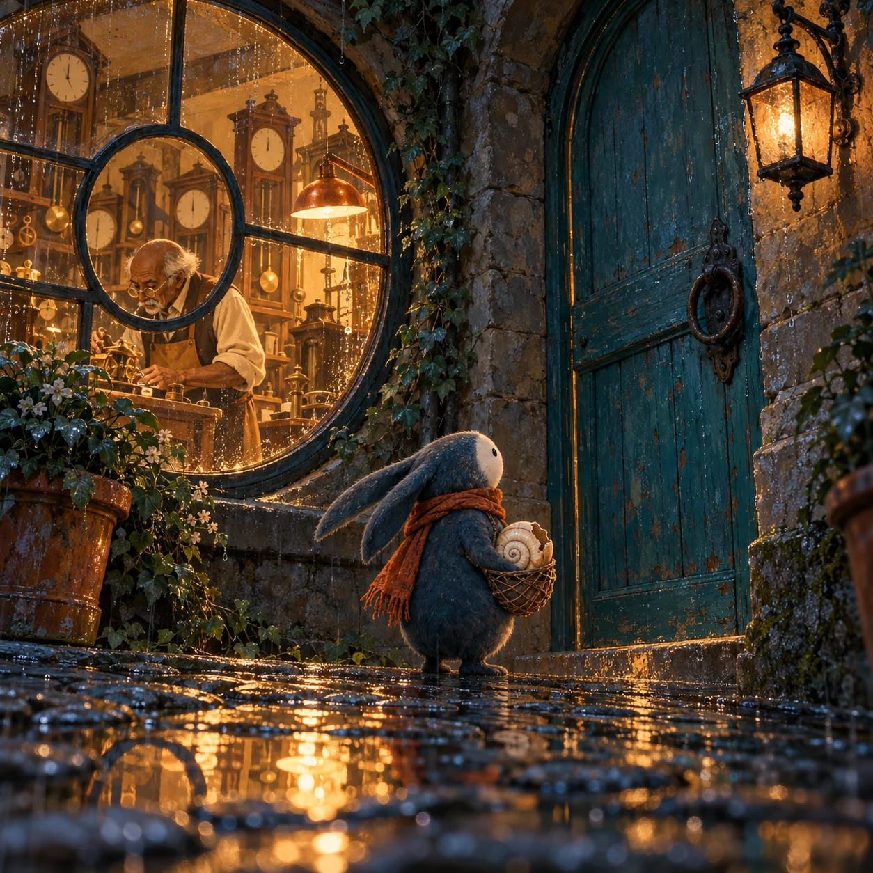 A small blue-grey creature in an orange scarf waits in the rain outside a glowing clock workshop