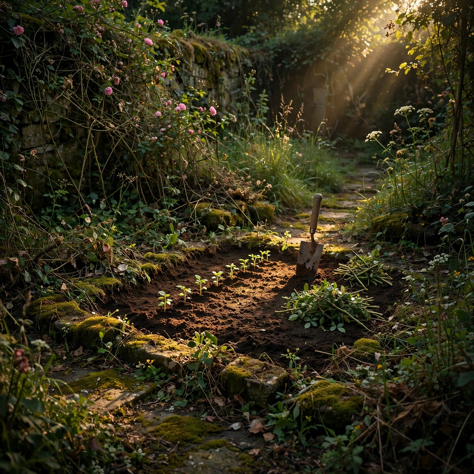 Fresh seedlings in a newly cleared bed within an overgrown garden, by Meta AI — Muse